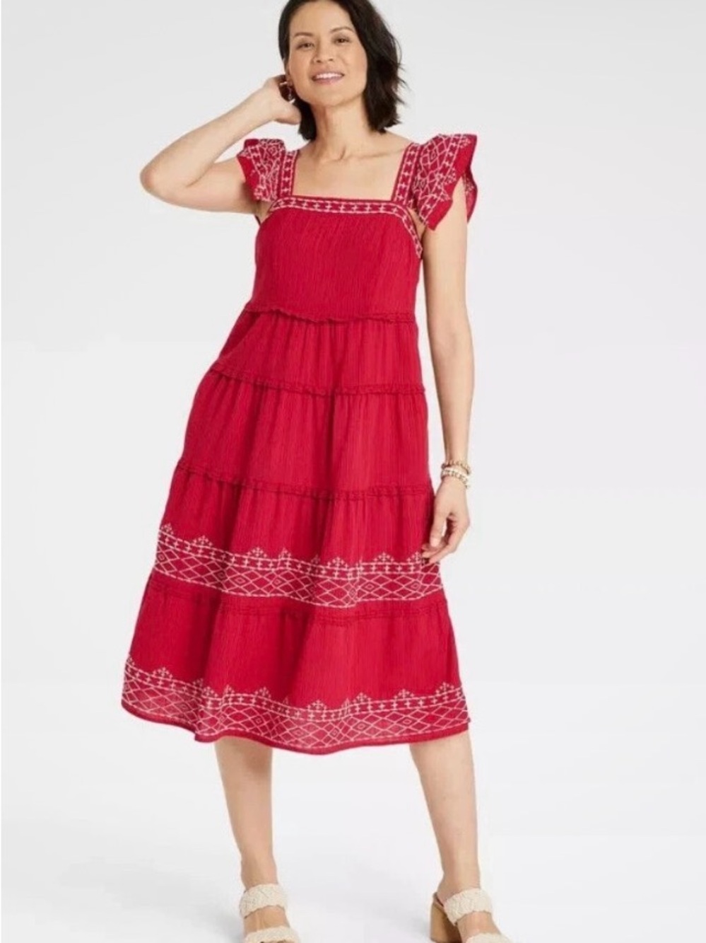 NEW Knox Rose Red Ivory Tiered Embroidered Midi Dress Square Neck XL